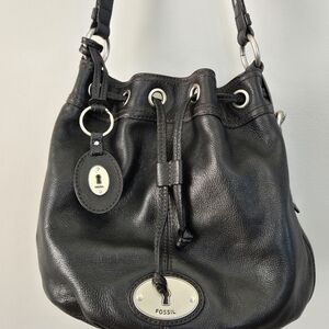 Fossil Black Leather Bucket Bag with Silver Accents